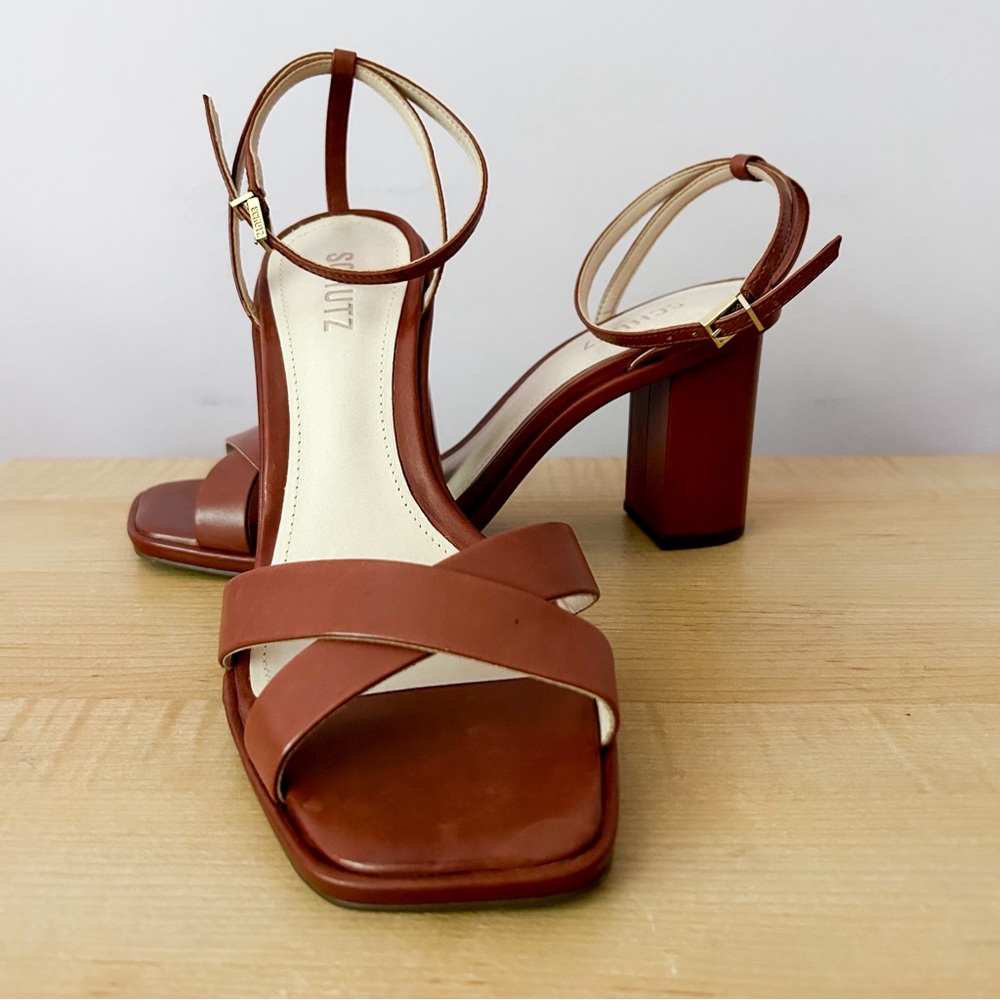 Schutz Womens Sandals Mid Heel Ankle Strap Leather Size 38 Brazil /US (8.5/9.0)